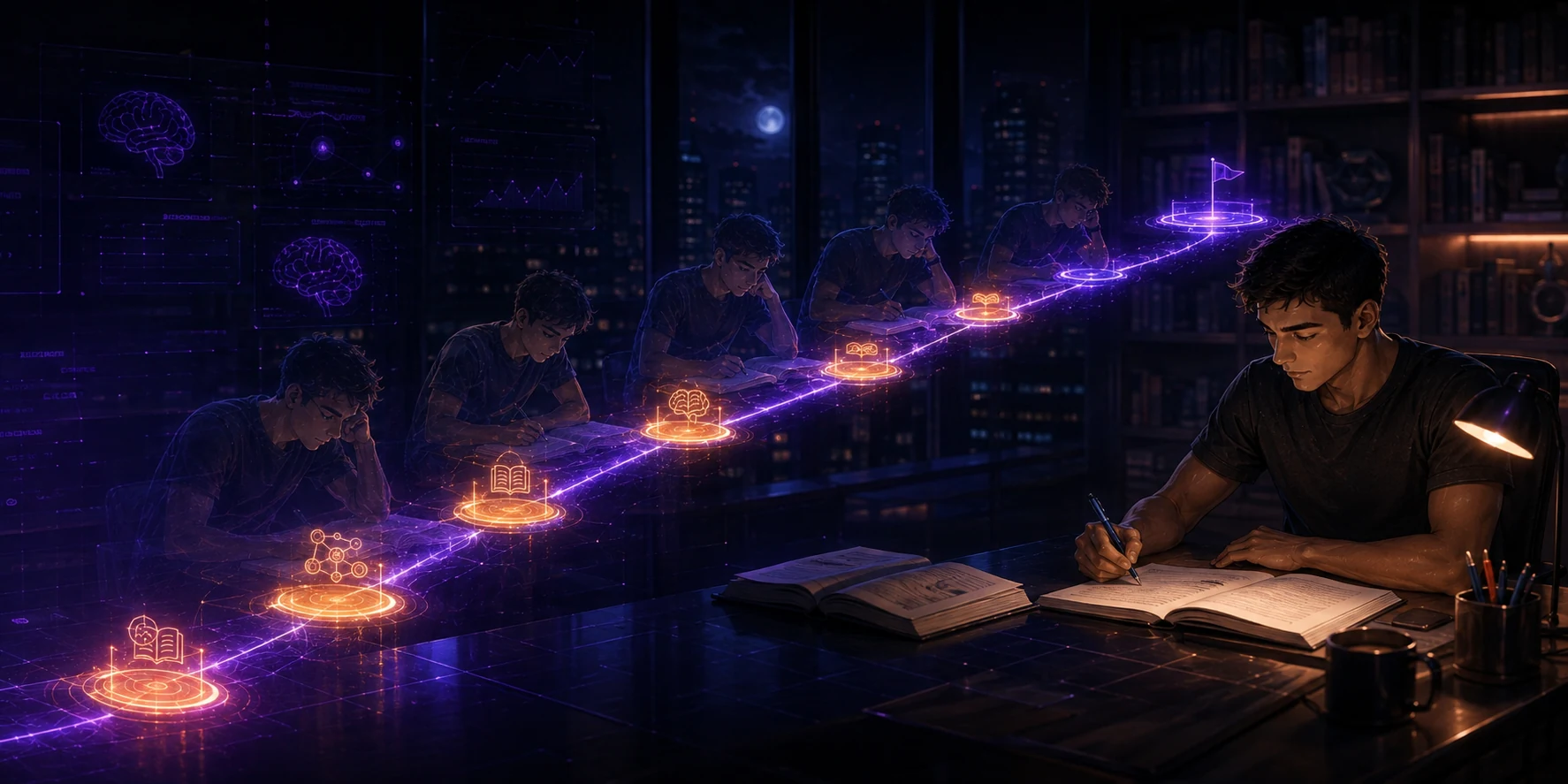 Estudante retornando ao estudo em diferentes noites enquanto pequenas ações formam um caminho de progresso