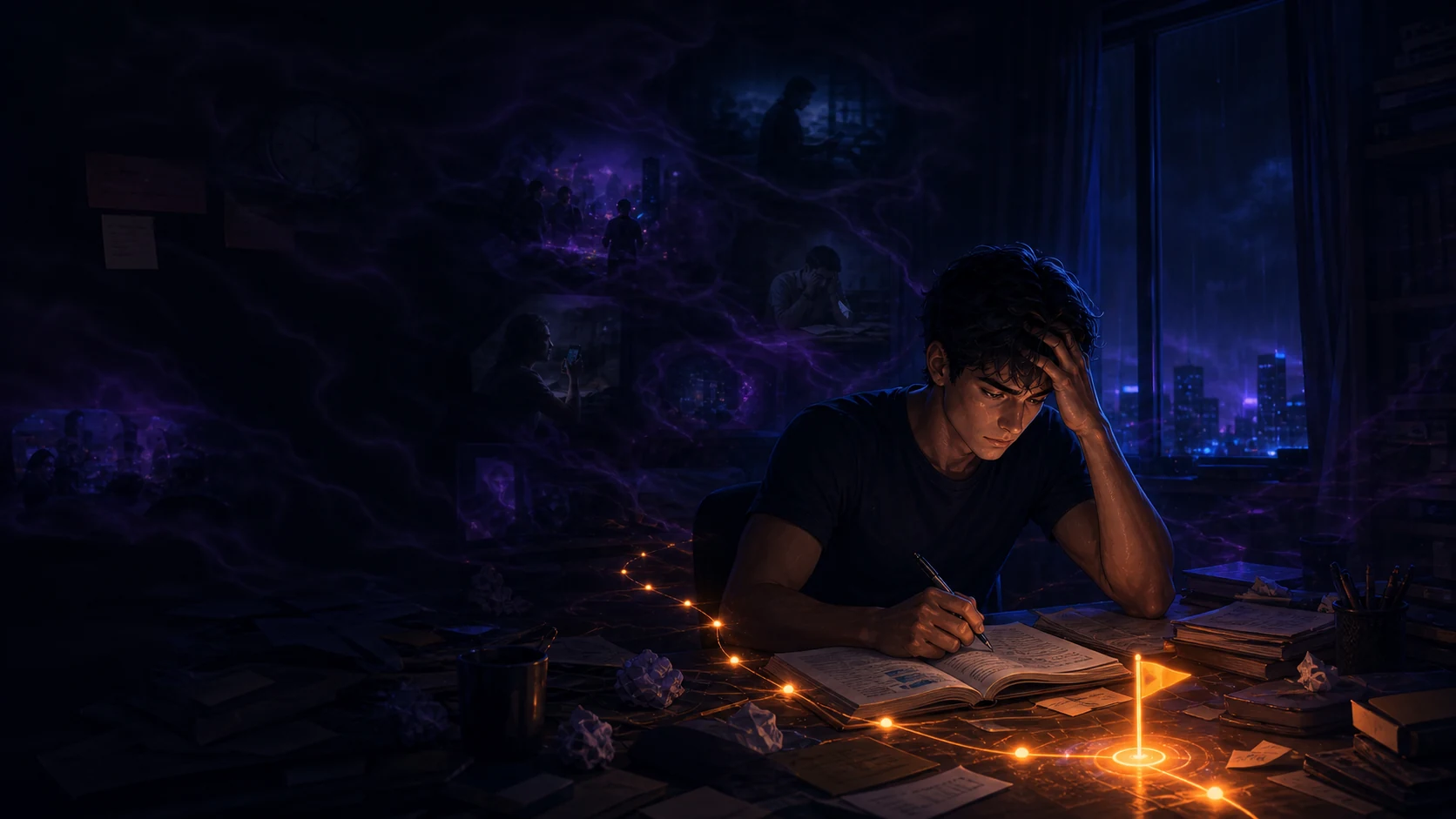 Concurseiro retomando os estudos diante de distrações e de uma próxima missão iluminada