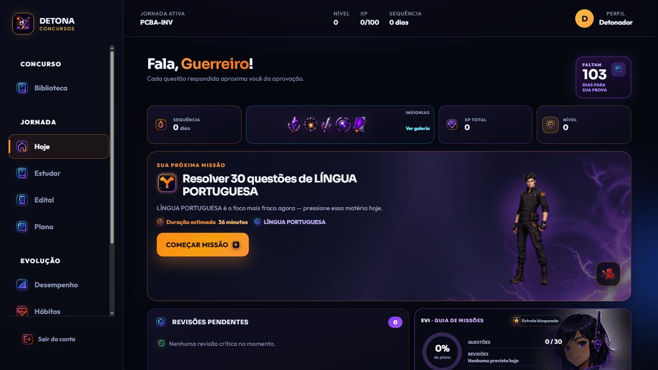 Tela real Hoje do aplicativo DETONA com missão diária, progresso e revisões