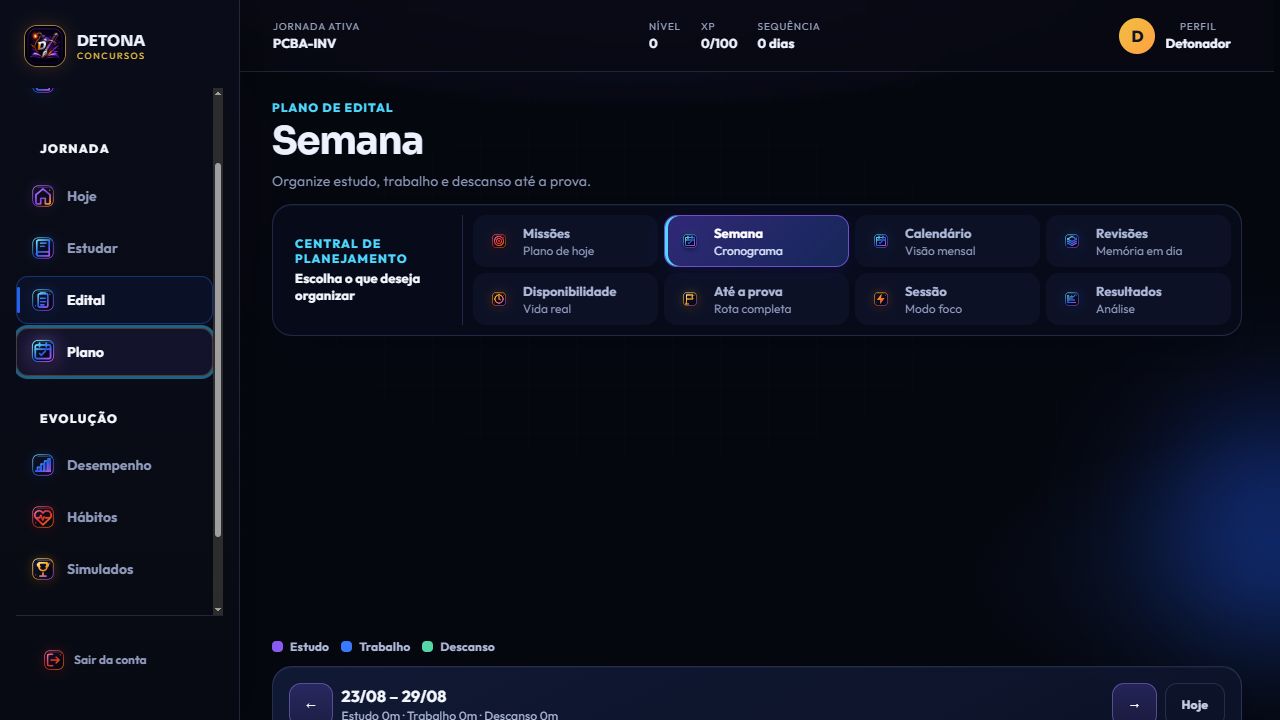 Planejamento semanal real no DETONA
