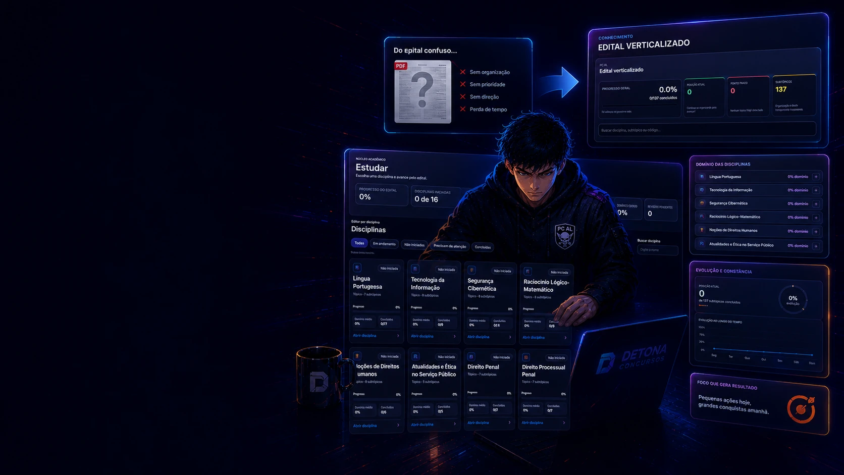 Aluno da PC AL diante das telas reais do edital verticalizado do DETONA