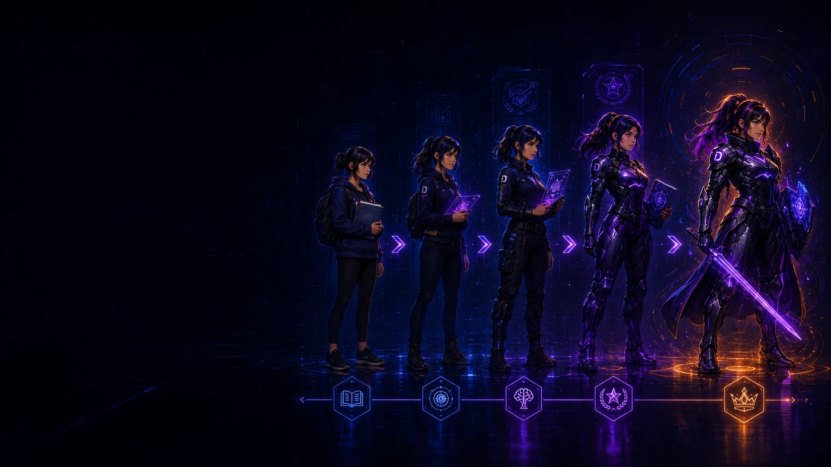 Evolução visual da aluna por níveis dentro da jornada DETONA