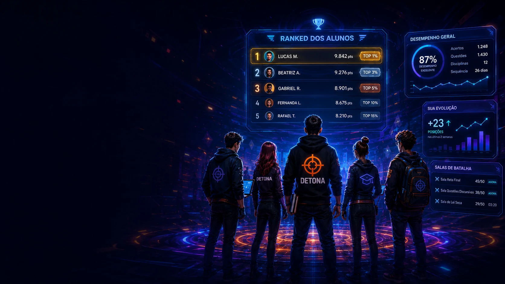 Grupo de alunos diante do conceito visual do ranked do DETONA
